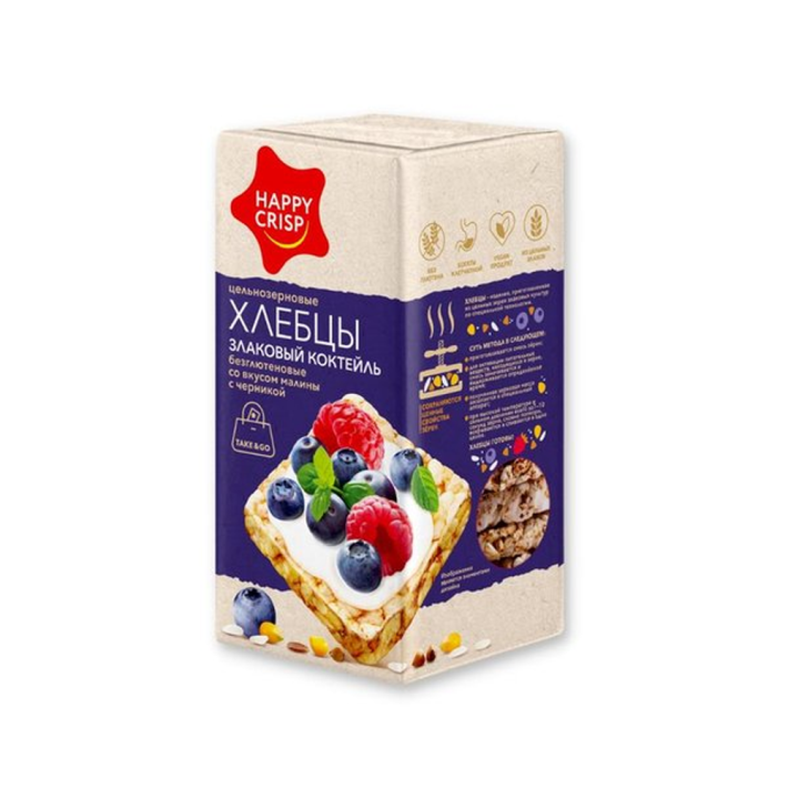ХЛЕБЦЫ HAPPY CRISP ЗЛАКОВЫЙ КОКТЕЙЛЬ БЕЗГЛЮТЕН СО ВКУСОМ МАЛИНЫ С ЧЕРНИКОЙ 60ГР