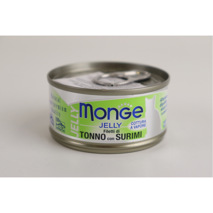 Лакомства Monge кусочки для кошек желтый Тунец и Сурими в желе 80 г