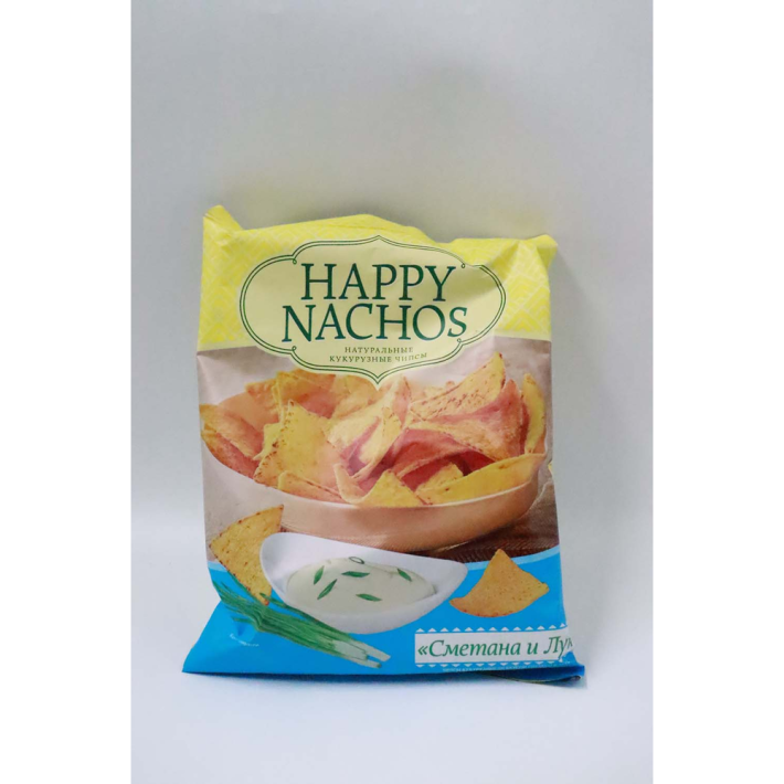 ЧИПСЫ КУКУРУЗНЫЕ HAPPY NACHOS СО ВКУСОМ СМЕТАНЫ И ЛУКА 75ГР