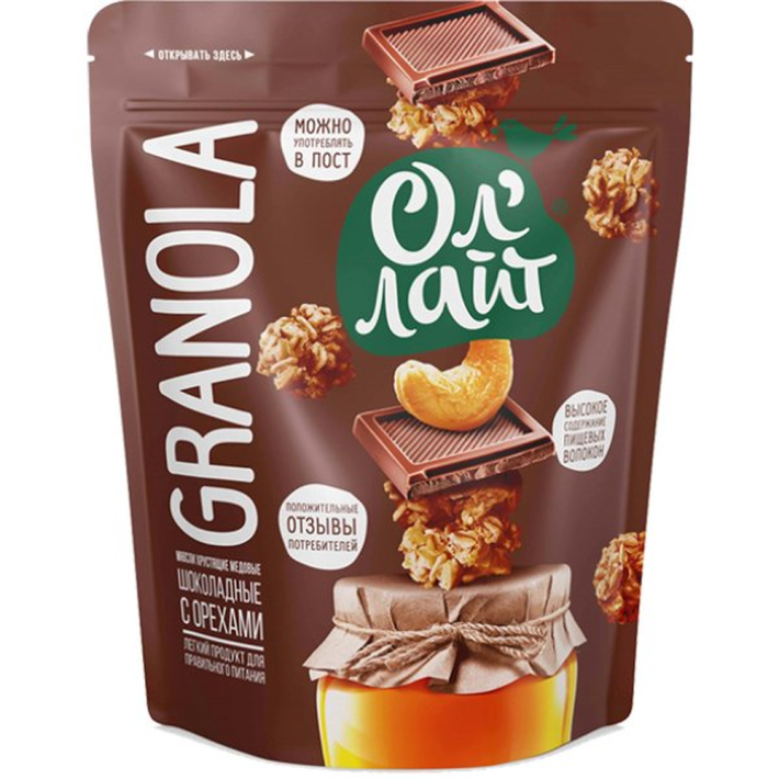 Мюсли хрустящие Ол Лайт Granola, медовые, шоколадные с орехами, 280 г