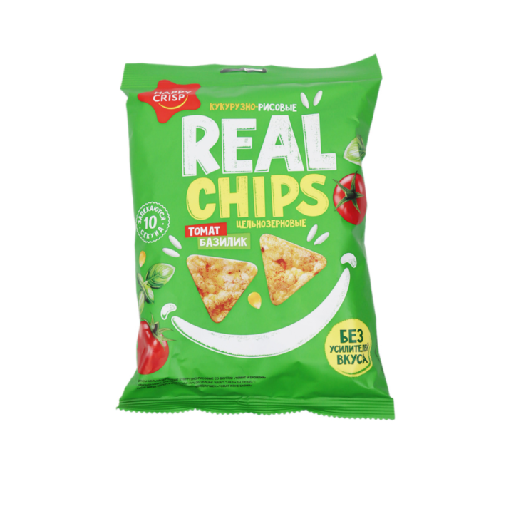 ЧИПСЫ КУКУРУЗНО-РИСОВЫЕ REAL CHIPS ТОМАТ И БАЗИЛИК 50ГР