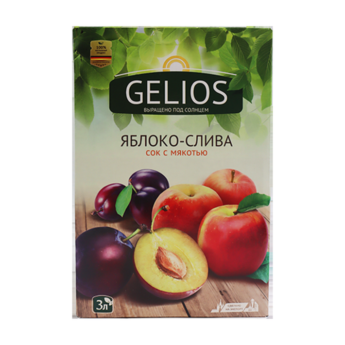 Сок яблоко-слива прямого отжима Gelios, коробка + пакет с краником (bag-in-box), 3 л