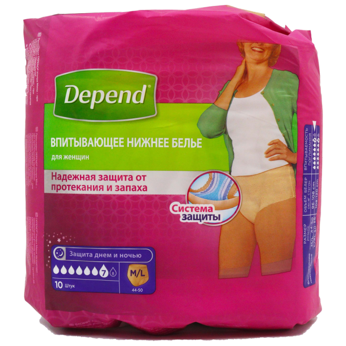 ТРУСЫ ПОДГУЗНИКИ DEPEND ЖЕН УРОЛОГИЧЕСКИЕ M/L 10ШТ