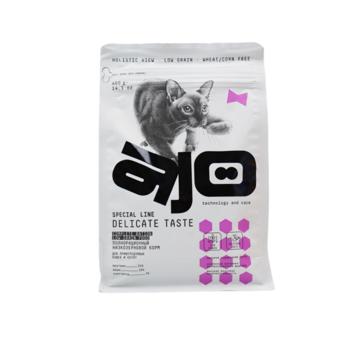 КОРМ СУХ Д/ПРИВЕРЕДЛИВ КОШ/КОТЯТ AJO CAT DELICATE TASTE 400ГР