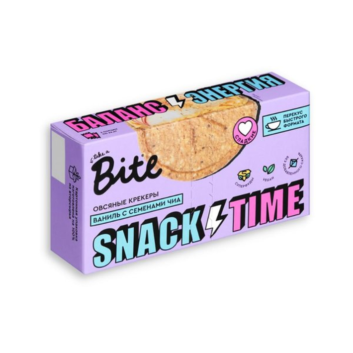 КРЕКЕРЫ ОВСЯНЫЕ BITE СЛАДКИЕ БЕЗ САХАРА СО ВКУСОМ ВАНИЛИ И СЕМЕНАМИ ЧИА 125ГР