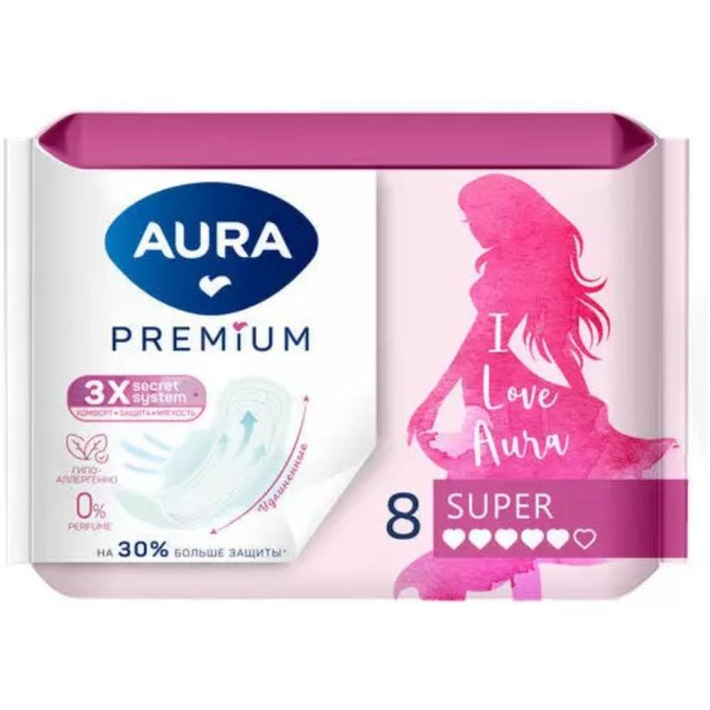 ПРОКЛАДКИ ЖЕНСКИЕ AURA PREMIUM ГИГИЕНИЧЕСКИЕ SUPER 8ШТ