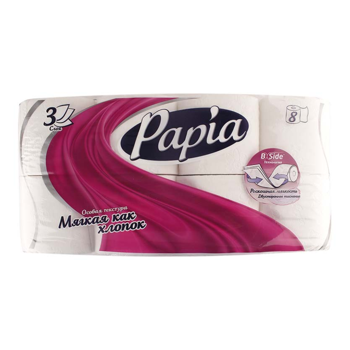 Бумага туалетная Papia 3 слоя 8 рулонов