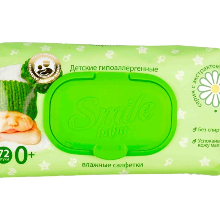 Влажные салфетки Smile baby алоэ и ромашка фито-линия с клапаном 72 шт