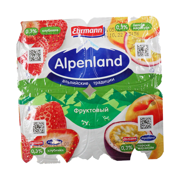 Продукт йогуртный Альпенленд 0,3% клубника персик, маракуйя 95 г