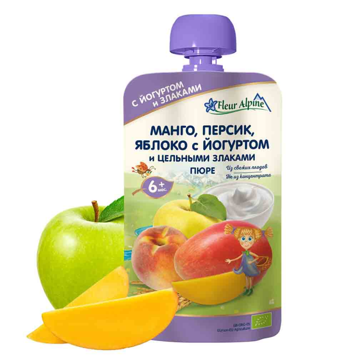 Пюре Fleur Alpine Манго,Персик,Яблоко и Йогурт, с 6 месяцев, 120 г