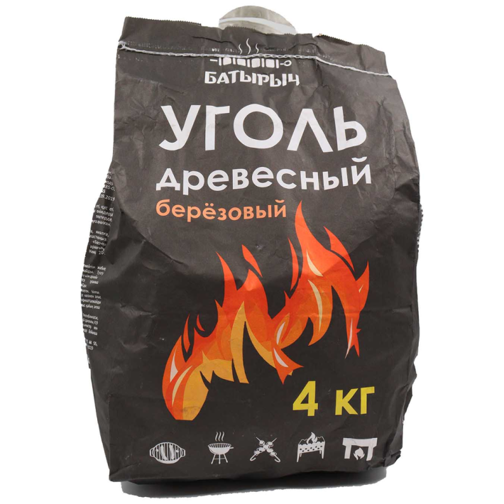 Уголь Батырыч древесно березовый в мешке по 4 кг