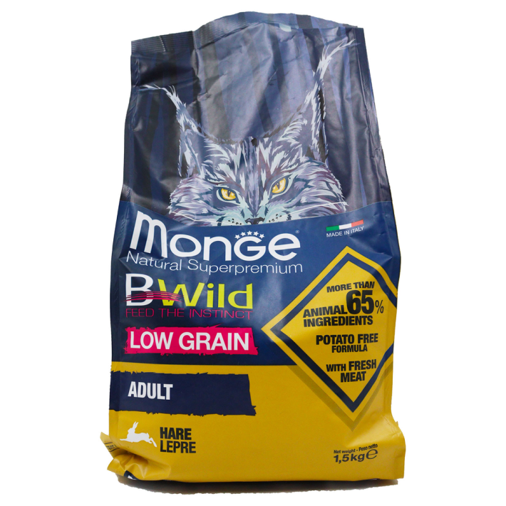 Корм Monge bwild cat для кошек заяц 65% мяса 1,5 кг