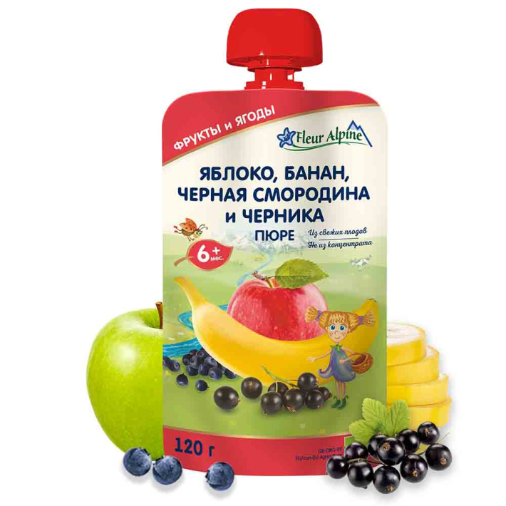Пюре Fleur Alpine Organic Яблоко, Банан, Черная Смородина, Черника, с 6 месяцев, 120 г