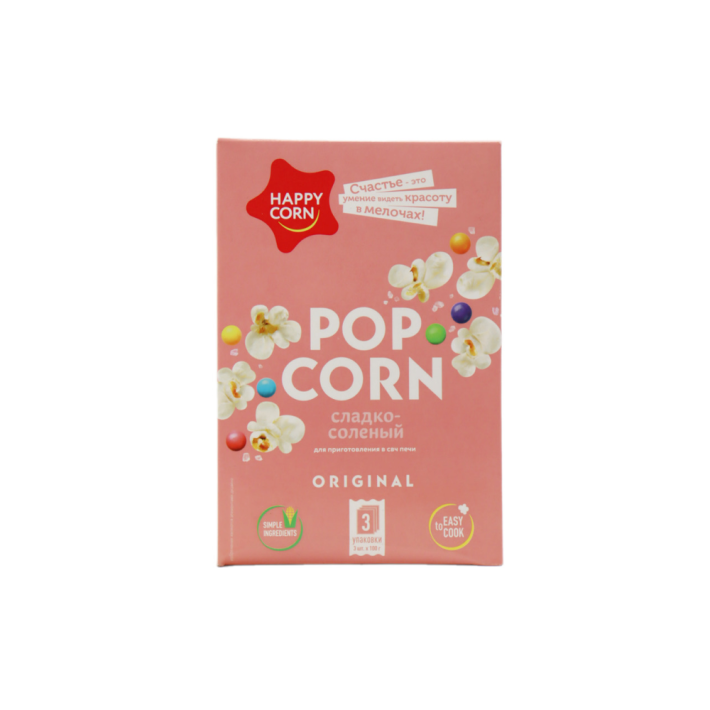 ПОПКОРН ДЛЯ СВЧ HAPPY CORN СЛАДКО-СОЛЕН 3 В 1 300ГР КАРТОН