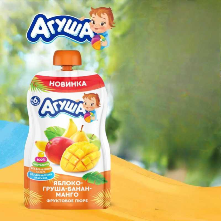 ПЮРЕ ФРУКТОВОЕ АГУША ЯБЛОКО ГРУША БАНАН МАНГО 90ГР