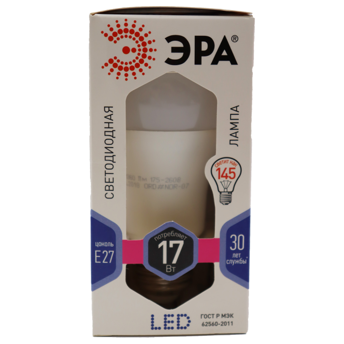 ЛАМПЫ СВЕТОДИОДНЫЕ СТАНДАРТ LED A60-17W-860-E27 ЭРА (ДИОД, ГРУША, 17ВТ, ХОЛ, E27),
