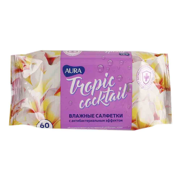 Салфетки влажные Aura tropic cocktail с антибактериальным эффектом big pack 60 шт