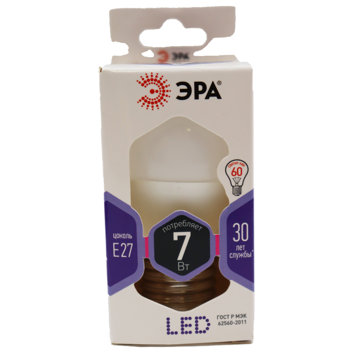 ЛАМПА СВЕТОДИОДНАЯ ЭРА LED P45-7W-860-E27 (ДИОД, ШАР, 7ВТ, ХОЛ, E27)
