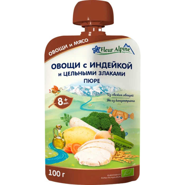 ПЮРЕ ОРГАНИК ОВОЩИ С ИНДЕЙКОЙ И ЦЕЛЬНЫМИ ЗЛАКАМИ 100ГР ПАУЧ