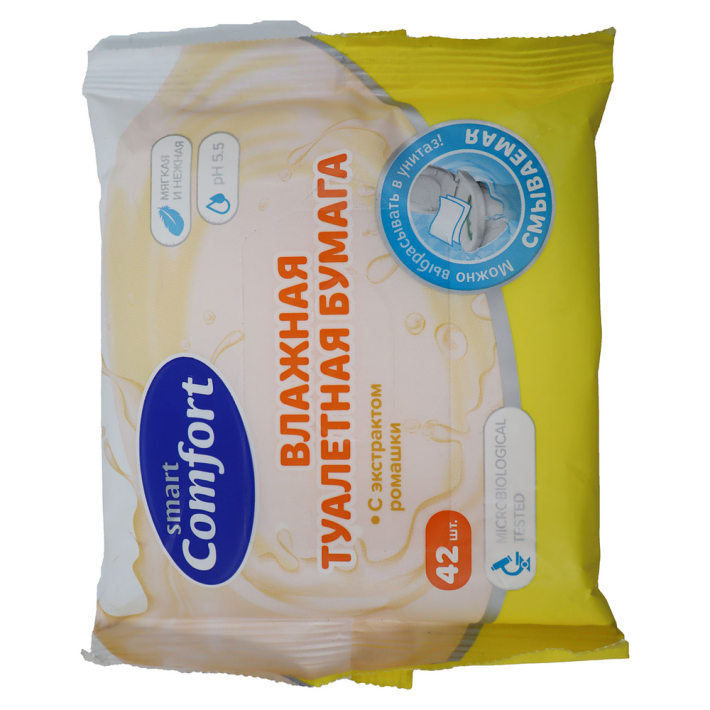 ТУАЛЕТНАЯ БУМАГА COMFORT SMART ВЛАЖНАЯ С РОМАШКОЙ 42ШТ 72055