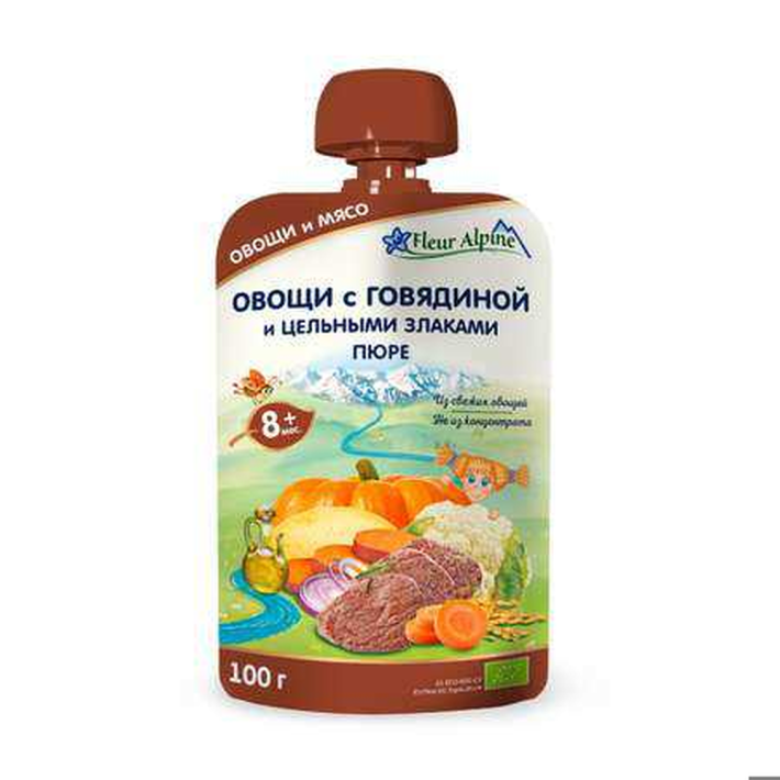 ПЮРЕ ОРГАНИК ОВОЩИ С ГОВЯДИНОЙ И ЦЕЛЬНЫМИ ЗЛАКАМИ 100ГР ПАУЧ