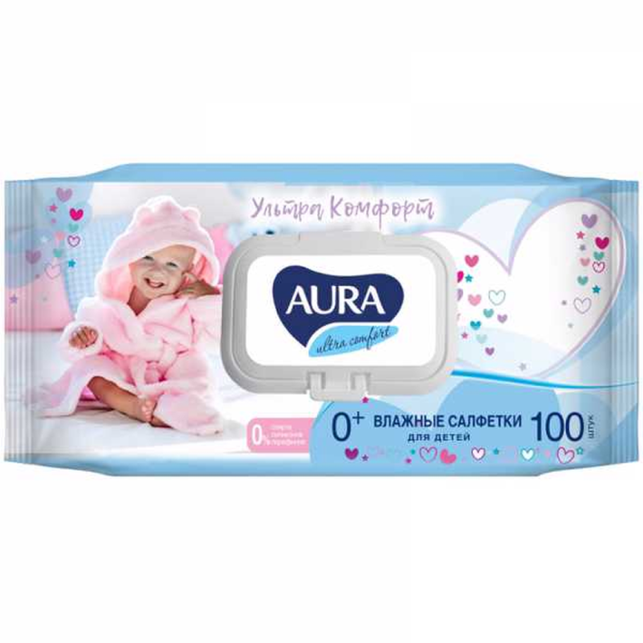 Влажные салфетки Aura для детей ultra comfort экстракт алоэ и витамин е 100 шт