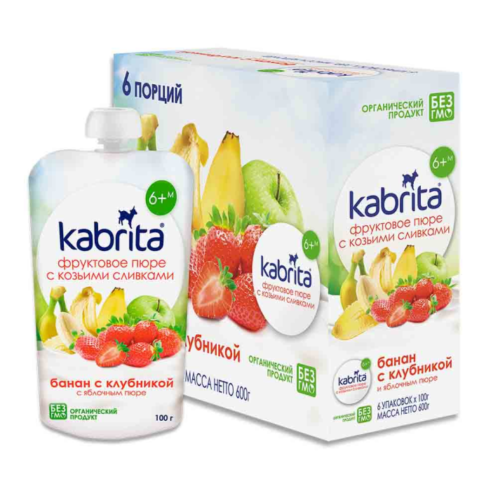 Пюре фруктовое Kabrita с козьими сливками,банан, клубника и яблоко 100 г