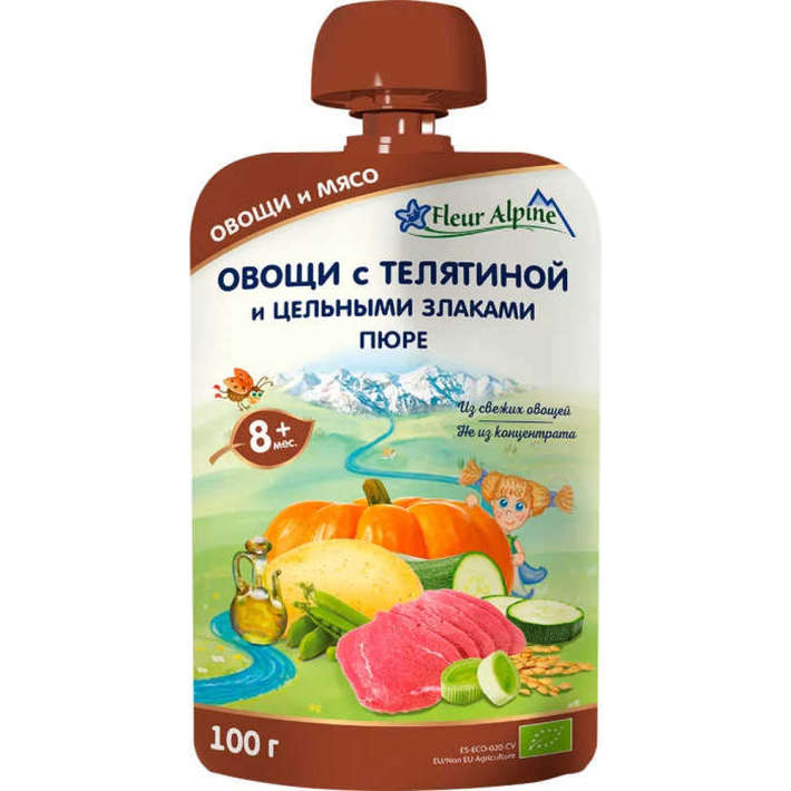 ПЮРЕ ОРГАНИК ОВОЩИ С ТЕЛЯТИНОЙ И ЦЕЛЬНЫМИ ЗЛАКАМИ 100ГР ПАУЧ