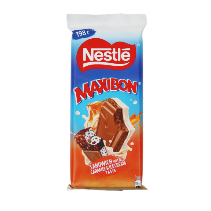 ПЛИТОЧНЫЙ ШОКОЛАД NESTLE MAXIBON СО ВКУС КАРА И МОРОЖ 198ГР