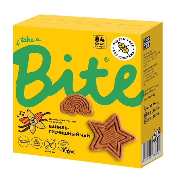 ПЕЧЕНЬЕ BITE БЕЗ ГЛЮТЕНОВОЕ ВАНИЛЬ ГРЕЧИШНЫЙ ЧАЙ 115ГР