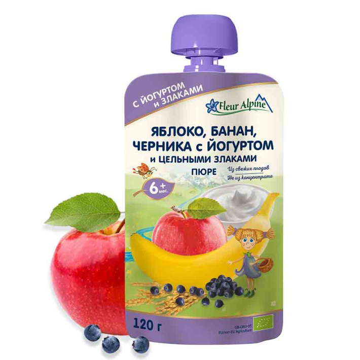 Пюре Fleur Alpine Органик Яблоко,Банан,Черника и Йогурт с 6 месяцев, 120 г