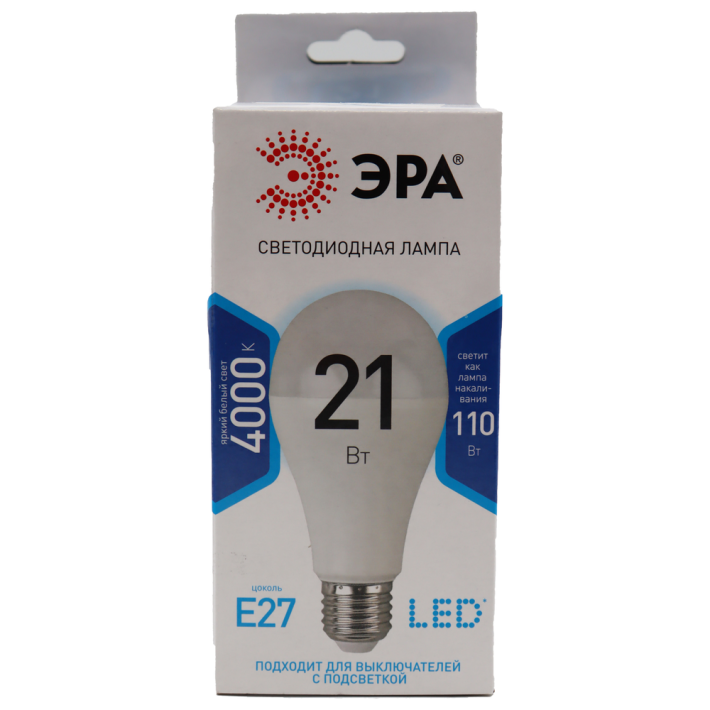 ЛАМПА СВЕТОДИОДНАЯ ЭРА LED A65-21W-840-E27 (ДИОД, ГРУША, 21ВТ, НЕЙТР, E27)