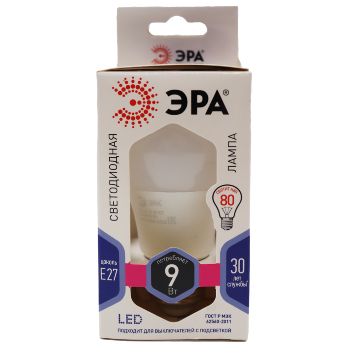 ЛАМПЫ СВЕТОДИОДНЫЕ СТАНДАРТ LED A60-9W-860-E27 ЭРА (ДИОД, ГРУША, 9ВТ, ХОЛ, E27)
