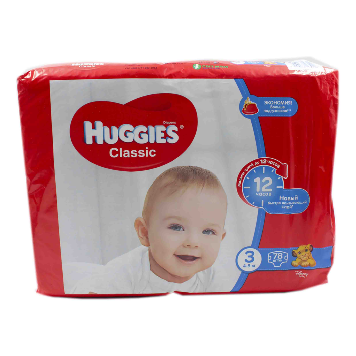 Подгузники Huggies classic 3 mega 4-9 кг 78 шт