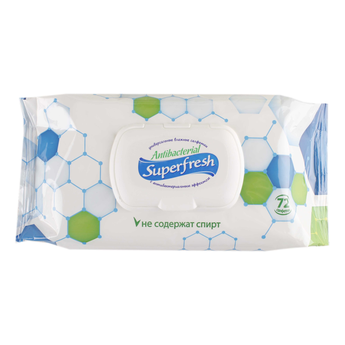 Салфетки влажные Super Fresh антибактериальные с клапаном 72 шт