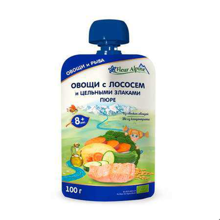 ПЮРЕ ОРГАНИК ОВОЩИ С ЛОСОСЕМ И ЦЕЛЬНЫМИ ЗЛАКАМИ 100ГР ПАУЧ