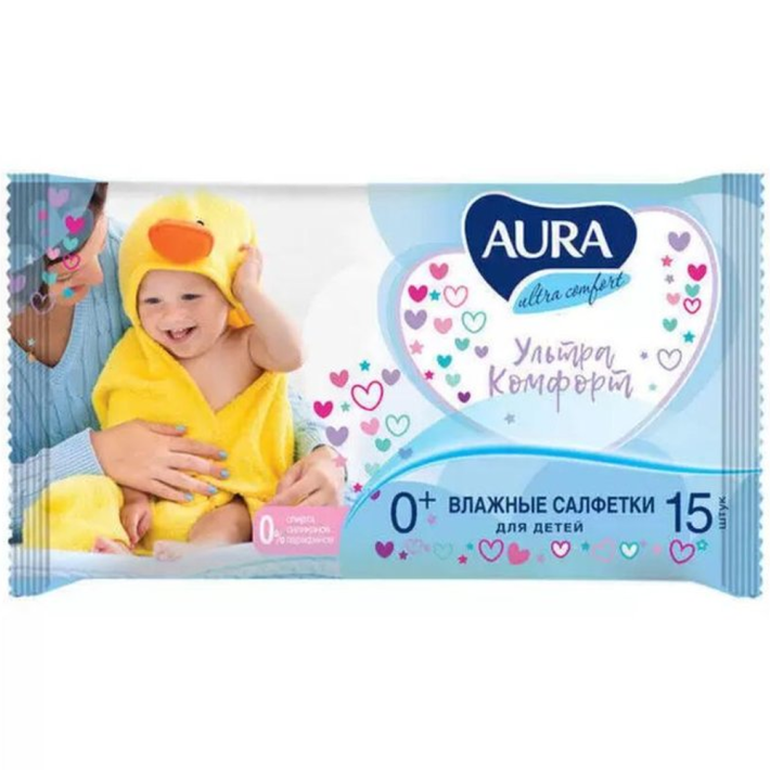 САЛФЕТКИ ВЛАЖНЫЕ AURA ULTRA COMFORT ДЕТСКИЕ 15ШТ