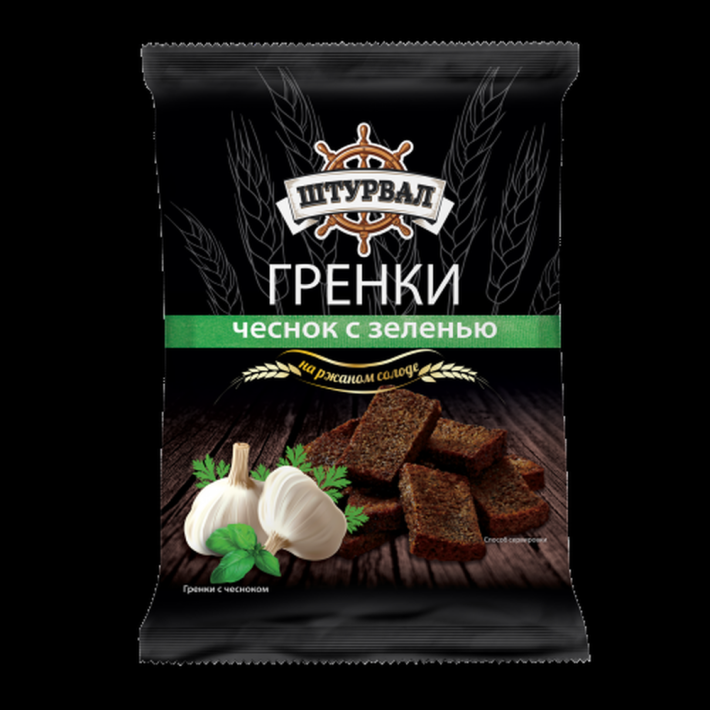ГРЕНКИ СОЛОДОВЫЕ ШТУРВАЛ С ЧЕСНОКОМ/ЗЕЛЕНЬЮ 100ГР