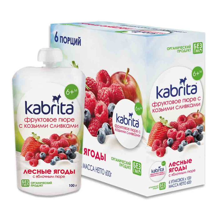 Пюре Kabrita фруктовое с козьими сливками, лесные ягоды и яблоко 100 г