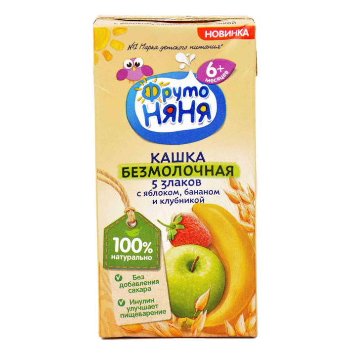 Каша Фруто няня безмолочная из пяти злаков яблоко,банан и клубника 0,2 л