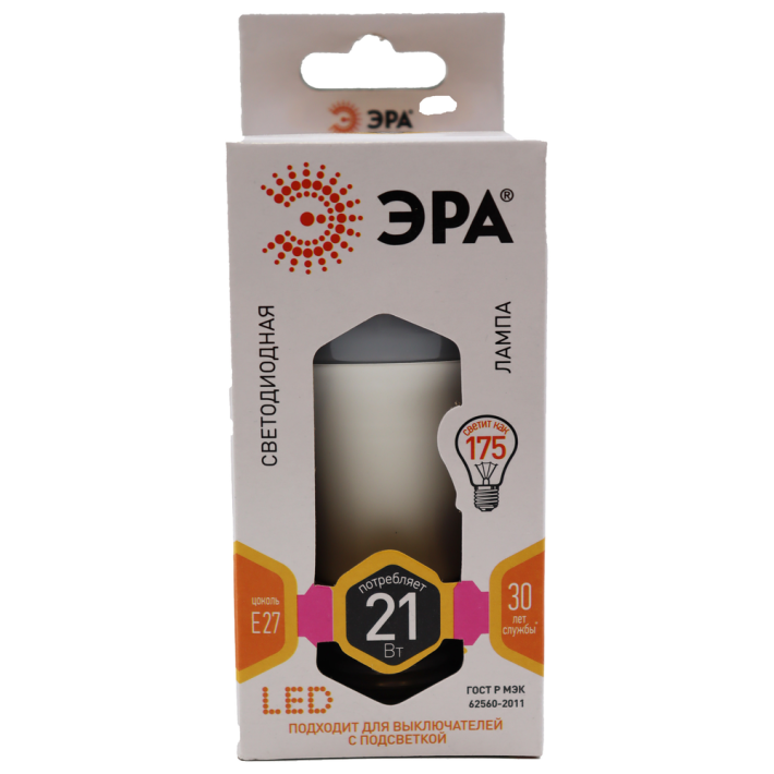 ЛАМПА СВЕТОДИОДНАЯ ЭРА LED A65-21W-827-E27 (ДИОД, ГРУША, 21ВТ, ТЕПЛ, E27)