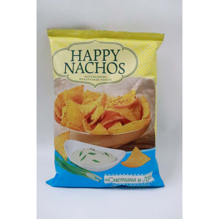 ЧИПСЫ КУКУРУЗНЫЕ HAPPY NACHOS СО ВКУСОМ СМЕТАНЫ И ЛУКА 150ГР