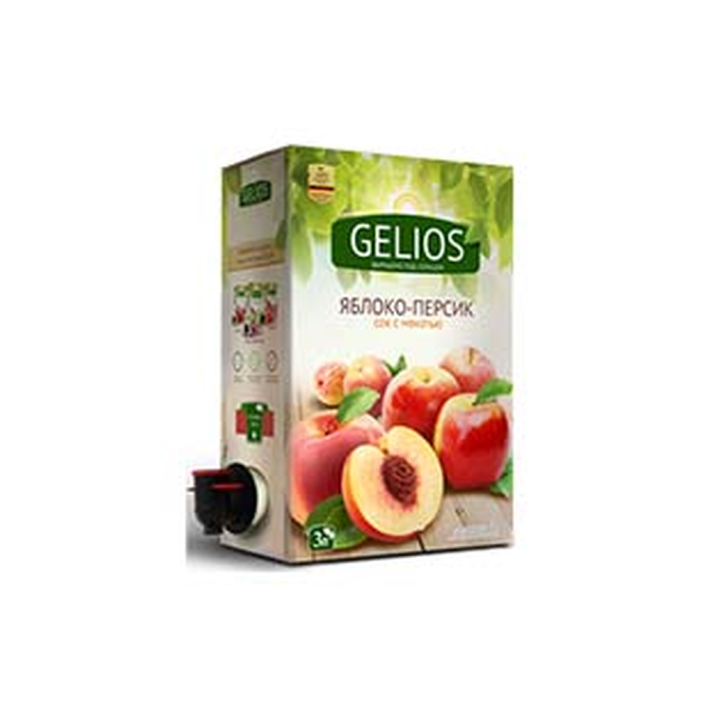 Сок яблоко-персик прямого отжима Gelios, 100%, коробка + пакет с краником (bag-in-box), 3 л