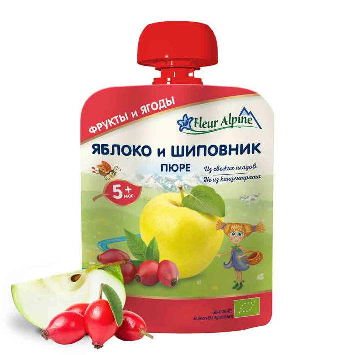 Пюре Fleur Alpine Organic Яблоко, Шиповник, с 5 месяцев, 90 г