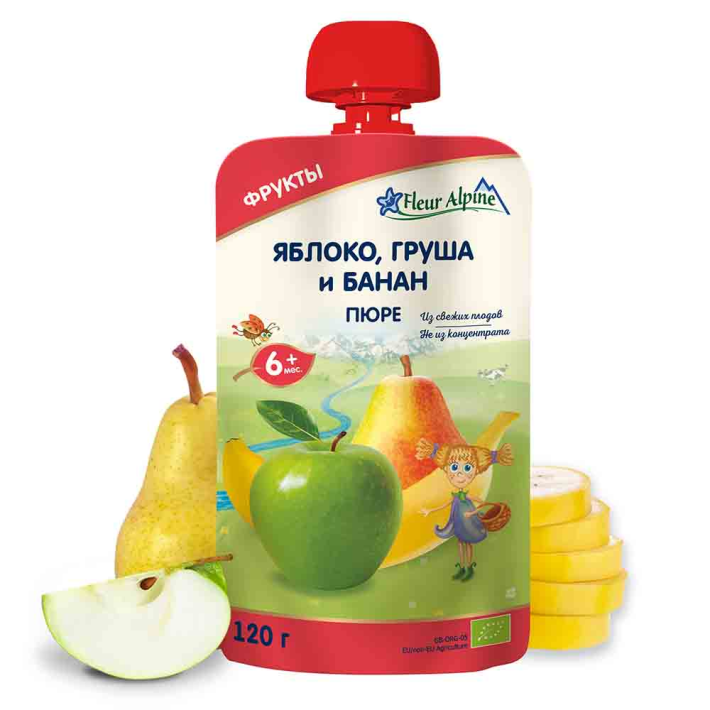 Пюре Fleur Alpine Organic пюре Яблоко, Груша, Банан, с 6 месяцев, 120 г
